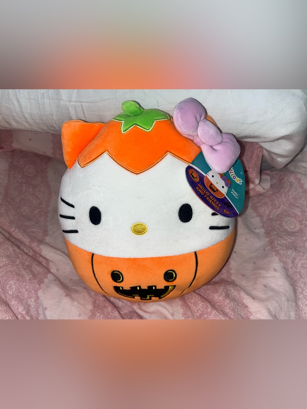 Hello Kitty Pumpkin Plush with Pink Bow - Orange, White, Green NEW NWT